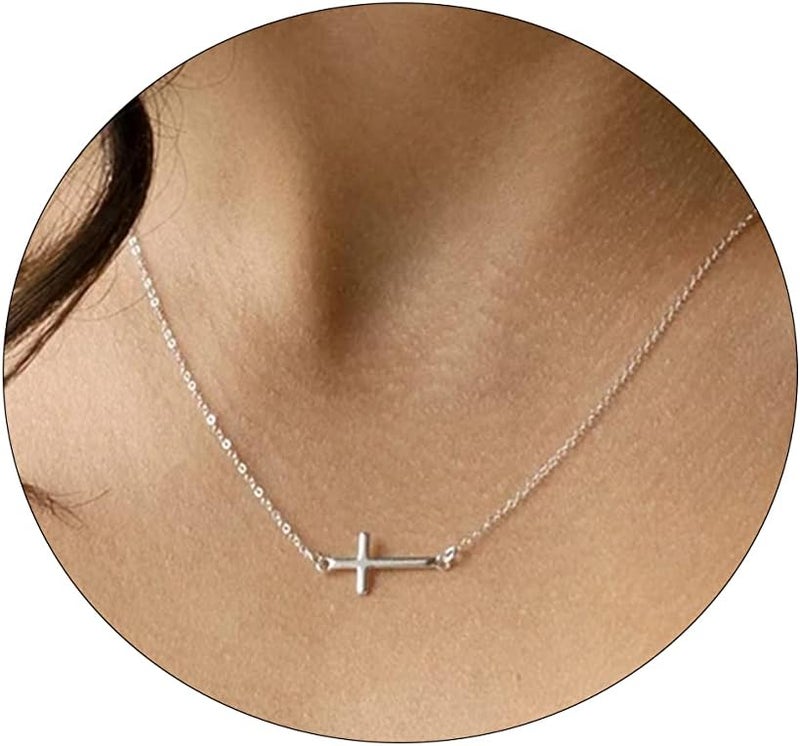 VIROMY Gold Cross Necklace for Women 14K Gold Plated Cute Sidways Cross Pendant Choker Necklaces Simple Trendy Everyday Jewelry for Women - Image 1